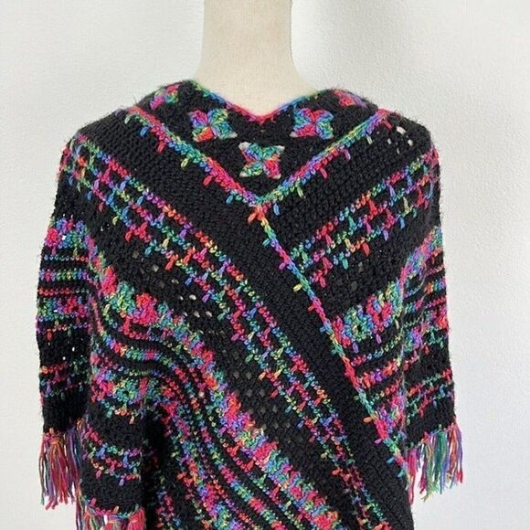 Crocheted Handmade Boho Black Rainbow Loose Knit Fringe Shawl Poncho Sweater OS - Picture 9 of 12